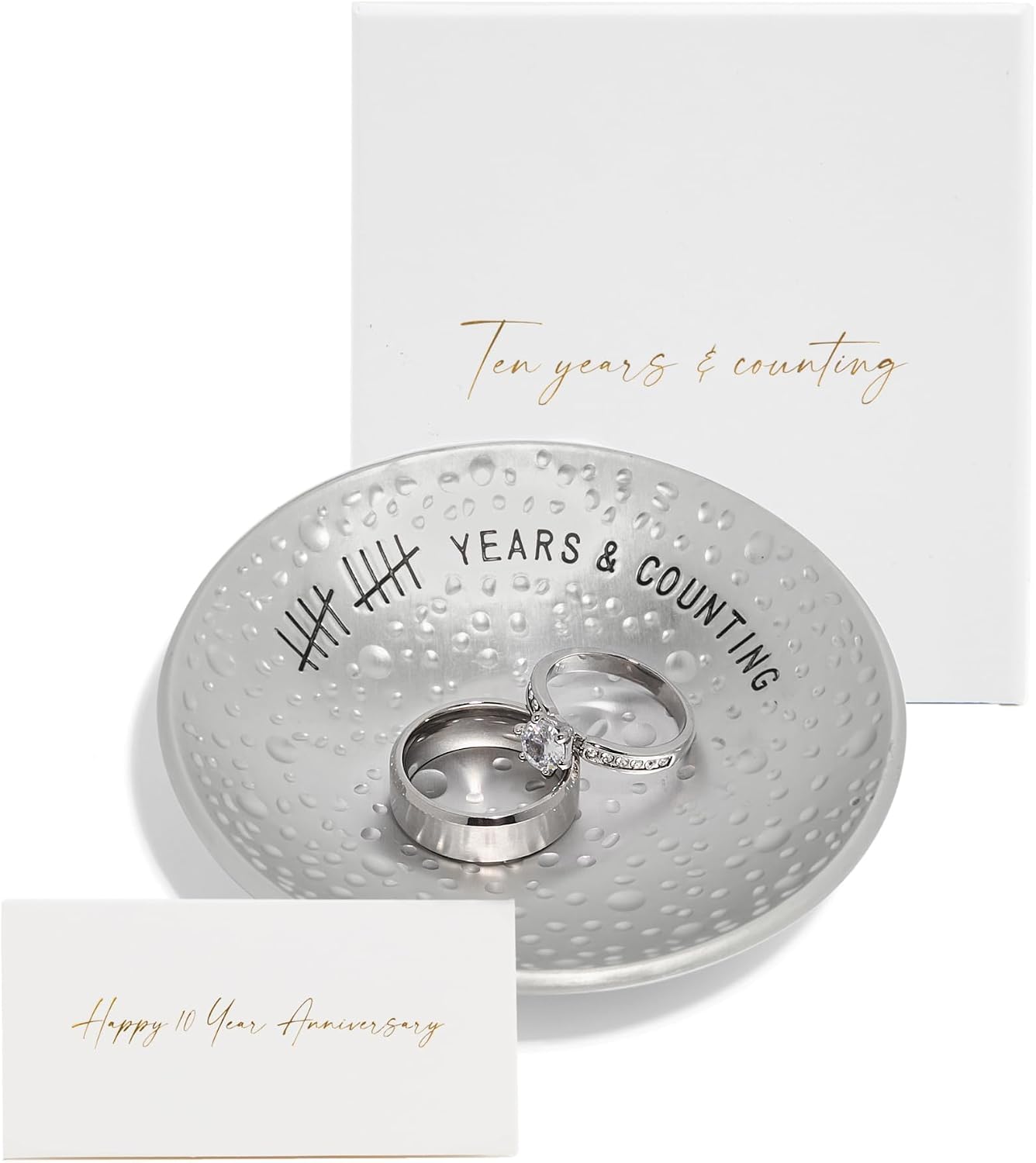 10 Year Anniversary Tin Gifts - Engraved Aluminum Wedding Ring Holder Dish