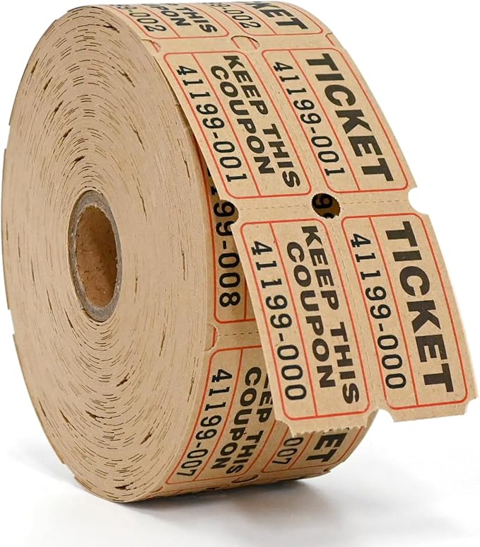 1000 PCS 50/50 Raffle Tickets Double Rolls for Events (Kraft)