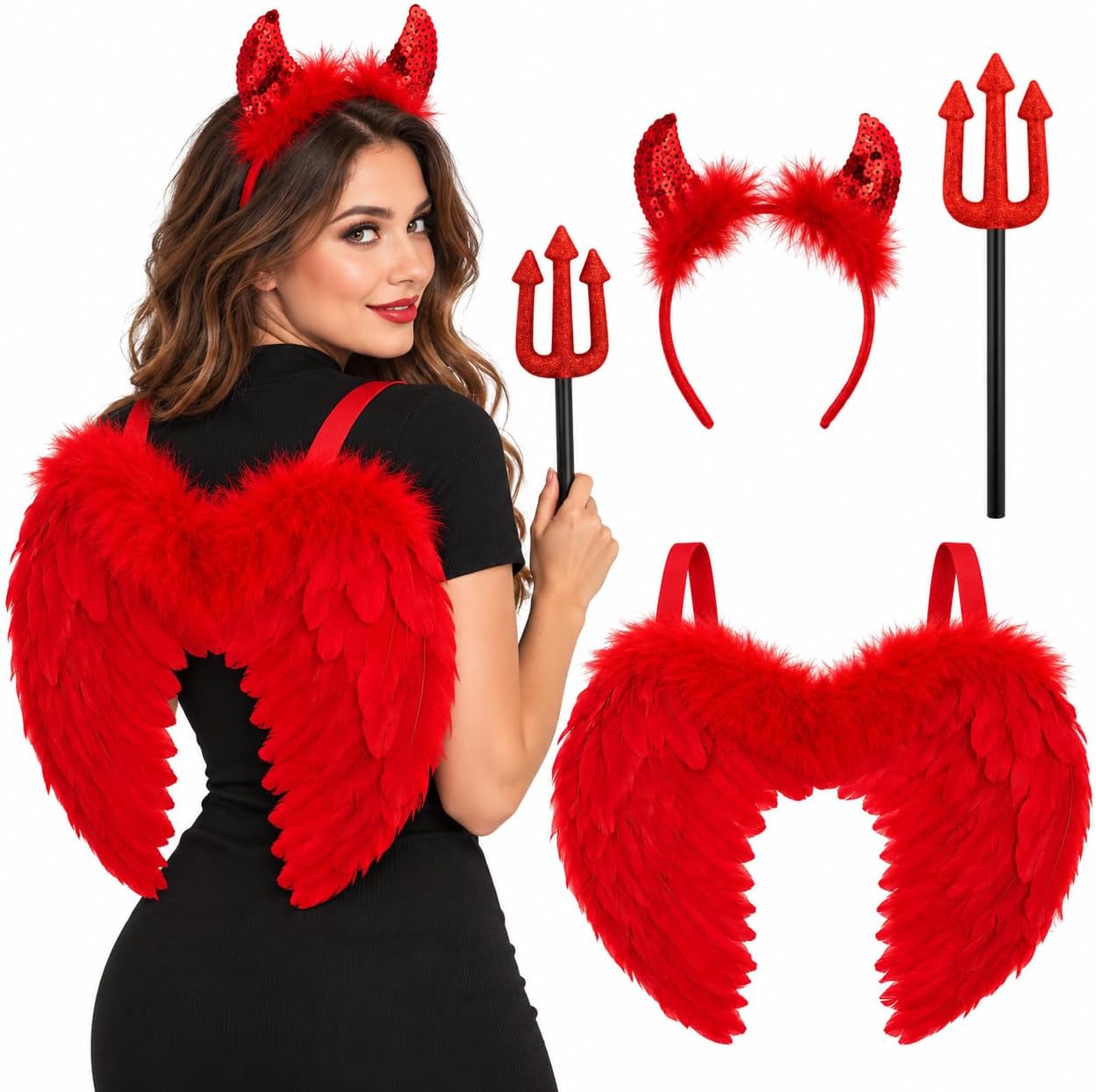 3pc Devil Costume - Devil Horns, Fallen Angel Wings & Pitchfork Fancy Dress
