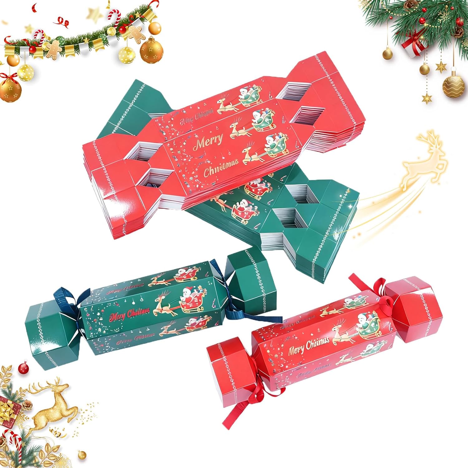 50 Pack Christmas Crackers, Make Your Own Crackers Kit with Ribbon for Party Favors