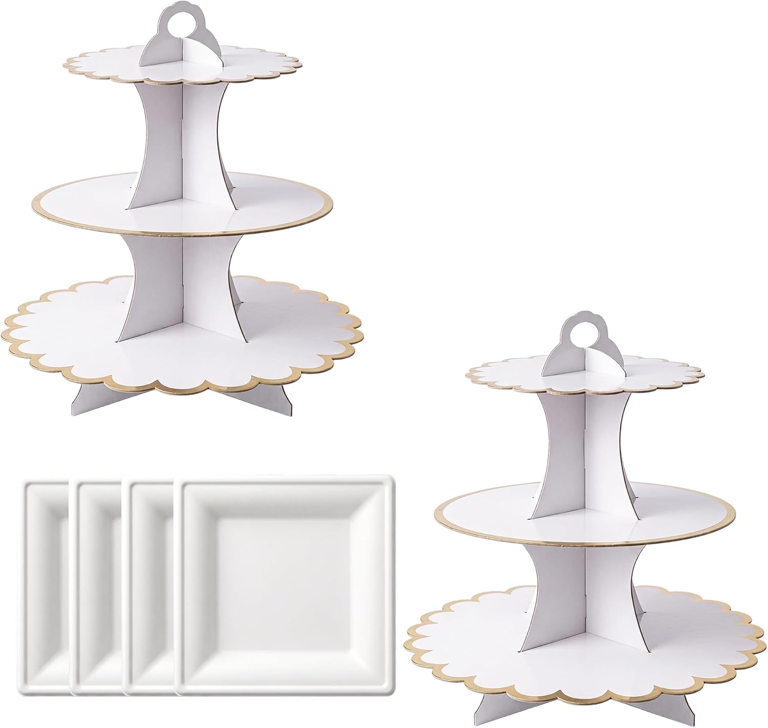 6 Pcs Cake Stand Set 2 Pcs 3 Tier Cupcake Stands & 4 Sugarcane Bagasse Trays product photo