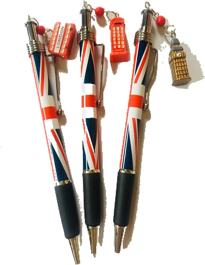 A set of 3 Beautiful Iconic London Charm Pens with Silver Clasp and Union Jack Barrell