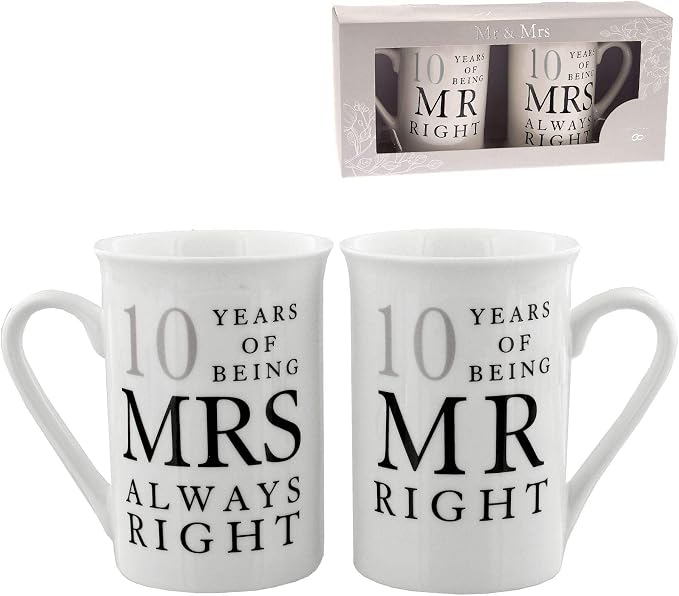 Amore 10th Wedding Anniversary Set of 2 China Mugs 'Mr Right & Mrs Always Right'