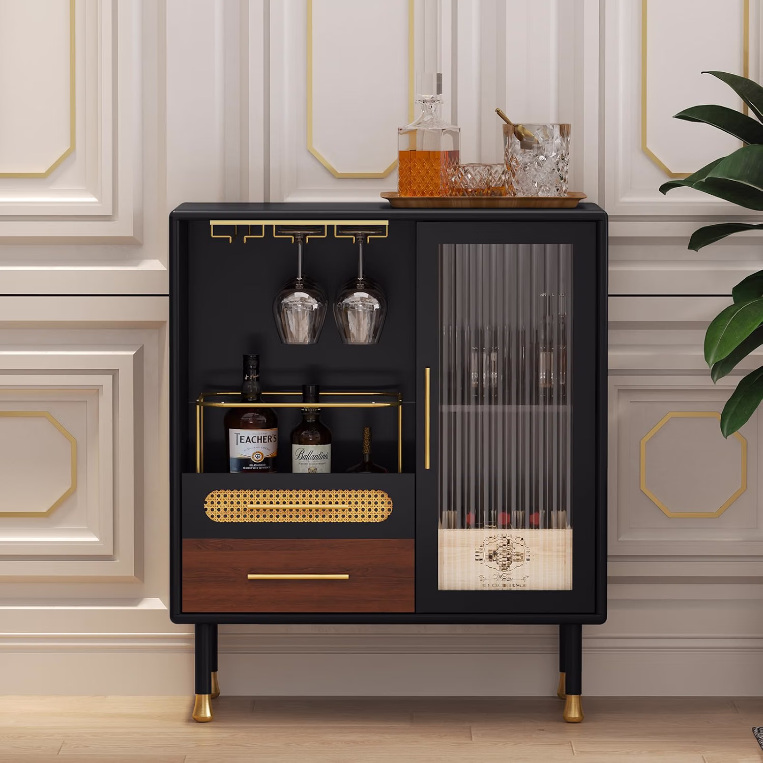 Drinks Cabinet for Living Room, Black Bar Cabinet with 2 Drawers product photo