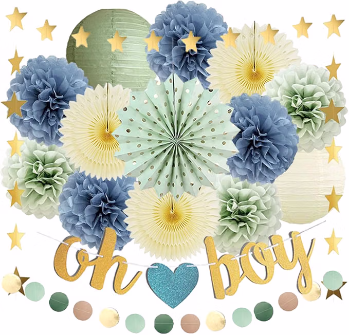 Oh Boy Dusty Blue and Sage Green Baby Shower Decorations product photo