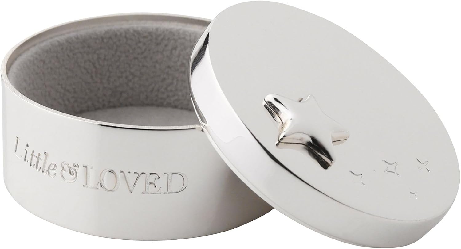 Silver Plated Little and Loved Keepsake Boxes with Beautiful Gift Box and Pouch - Perfect for Christening or New Parents Gift and Presents product photo